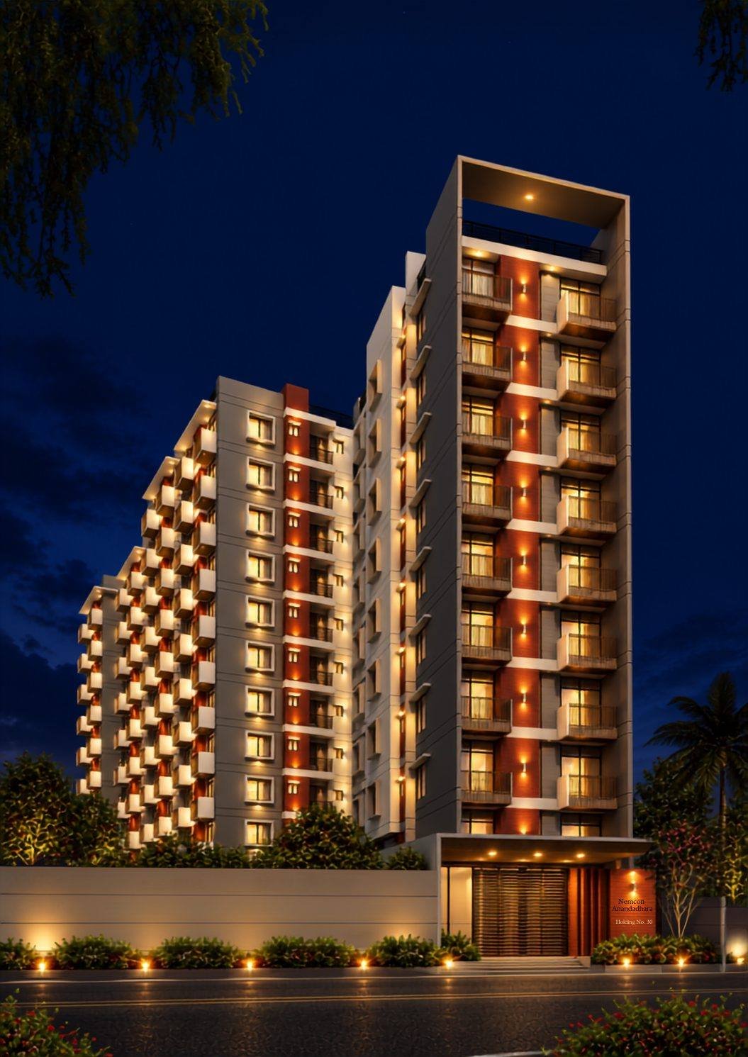 Nemcon Anandadhara lit up at night